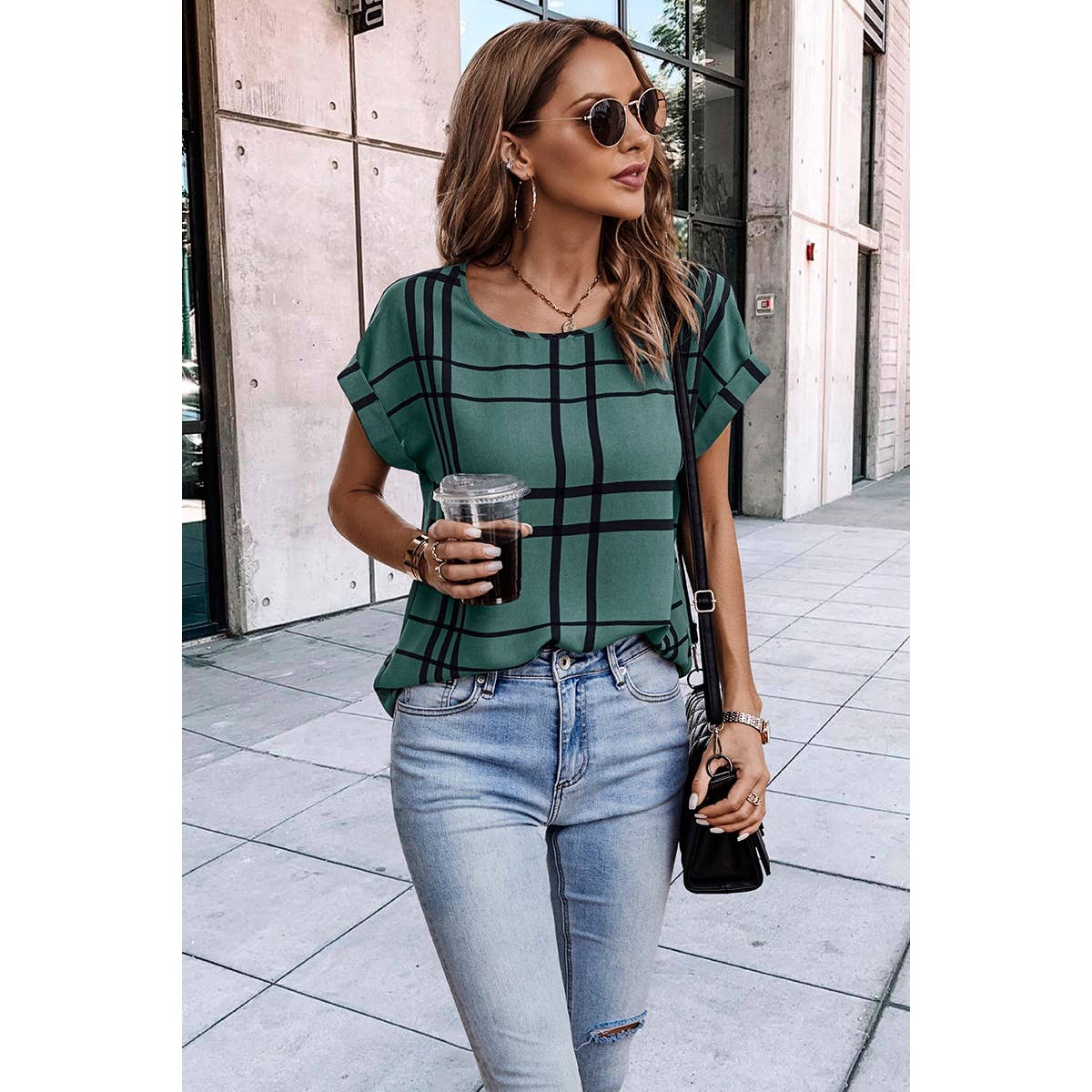 Round Neck Plaid Loose Fit Wide Sleeves Top - MVTFASHION.COM