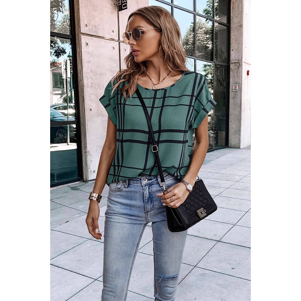 Round Neck Plaid Loose Fit Wide Sleeves Top - MVTFASHION.COM