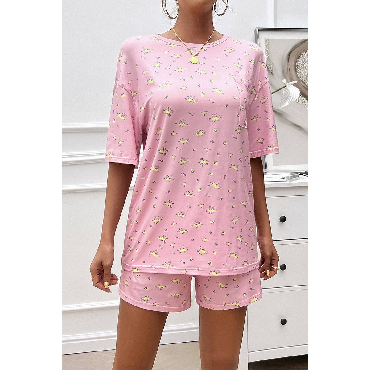 Round Neck Print Two Pieces Drawstring Shorts Set - MVTFASHION.COM