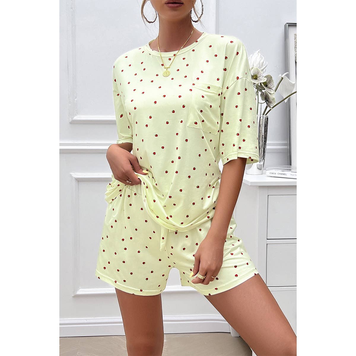 Round Neck Print Two Pieces Drawstring Shorts Set - MVTFASHION.COM