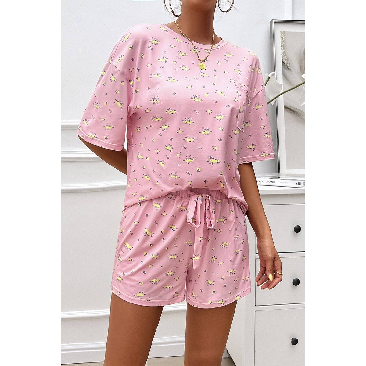 Round Neck Print Two Pieces Drawstring Shorts Set - MVTFASHION.COM