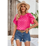 Round Neck Ruched Dot Print Loose Blouse - MVTFASHION.COM