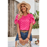 Round Neck Ruched Dot Print Loose Blouse - MVTFASHION.COM