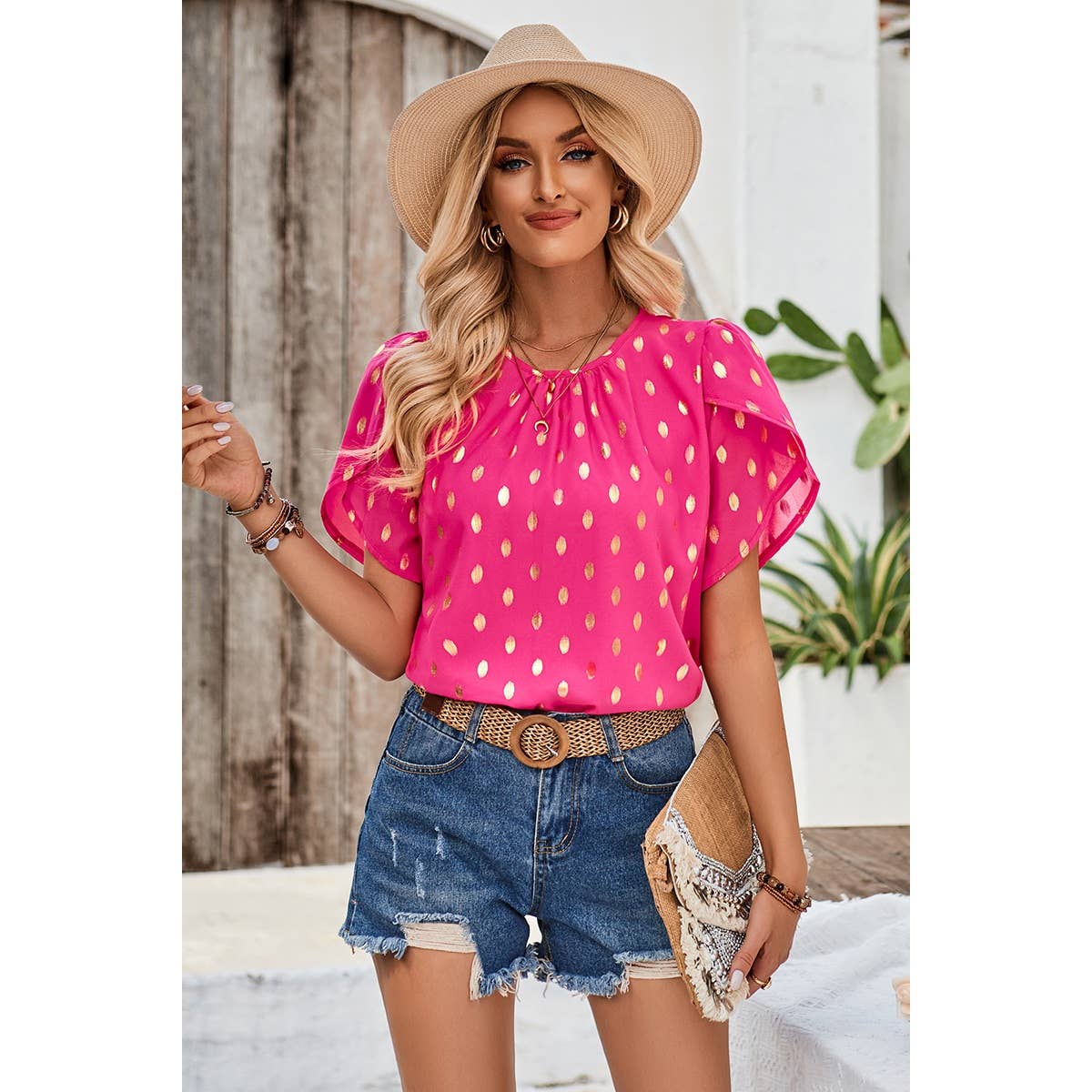 Round Neck Ruched Dot Print Loose Blouse - MVTFASHION.COM