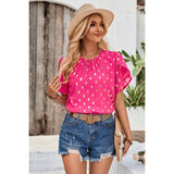 Round Neck Ruched Dot Print Loose Blouse - MVTFASHION.COM