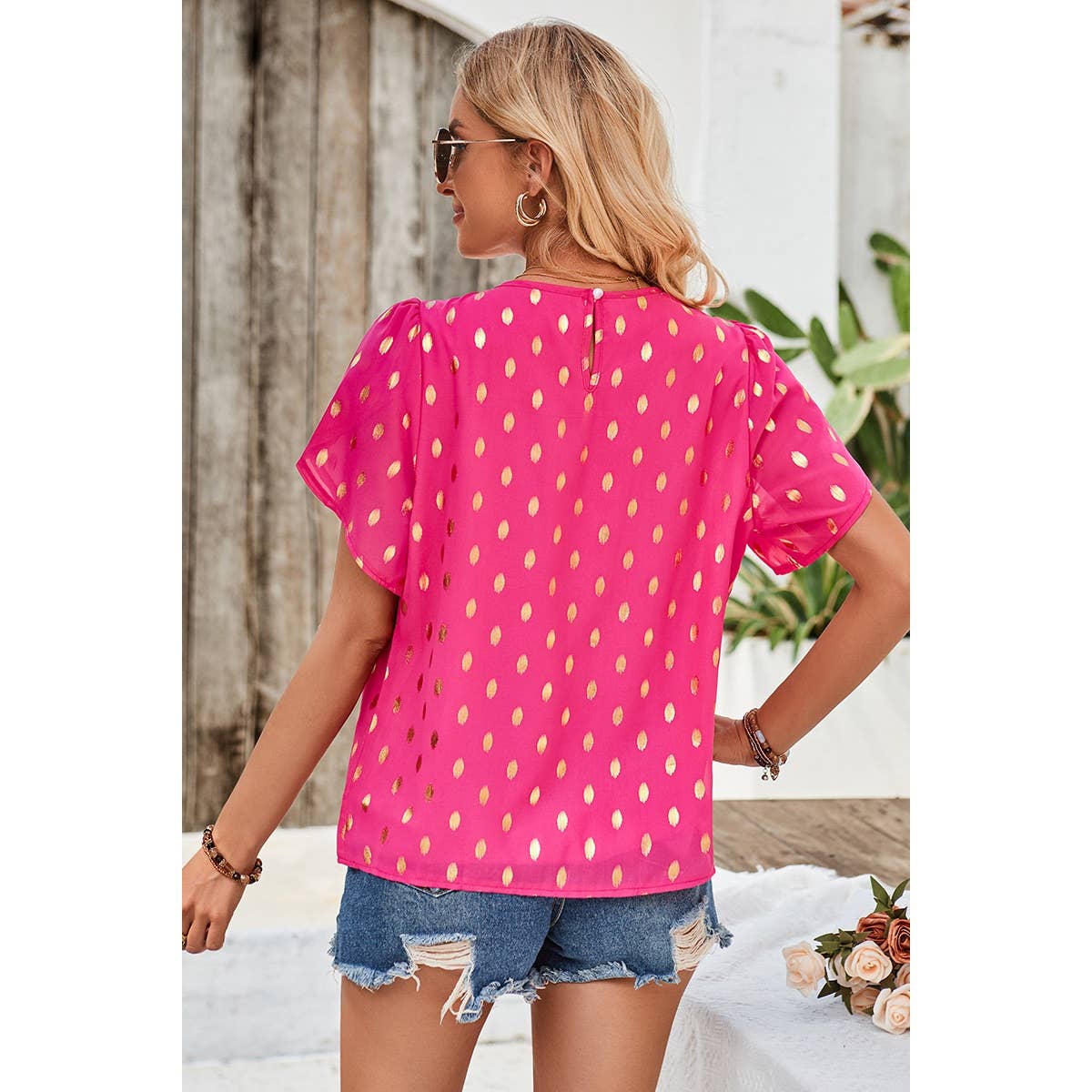 Round Neck Ruched Dot Print Loose Blouse - MVTFASHION.COM