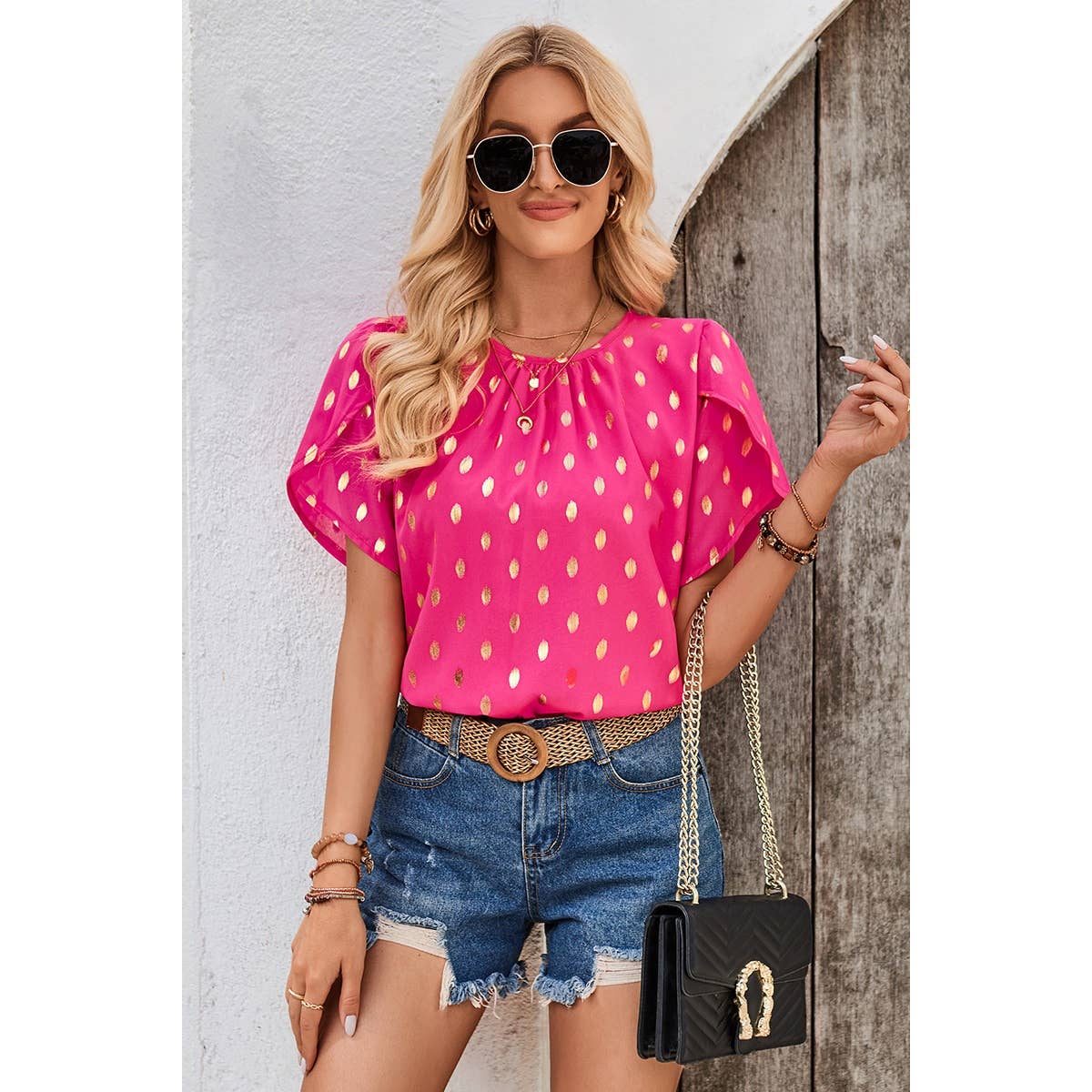 Round Neck Ruched Dot Print Loose Blouse - MVTFASHION.COM