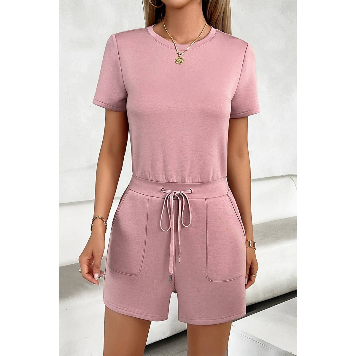 Round Neck Solid Drawstring Pockets Romper - MVTFASHION.COM