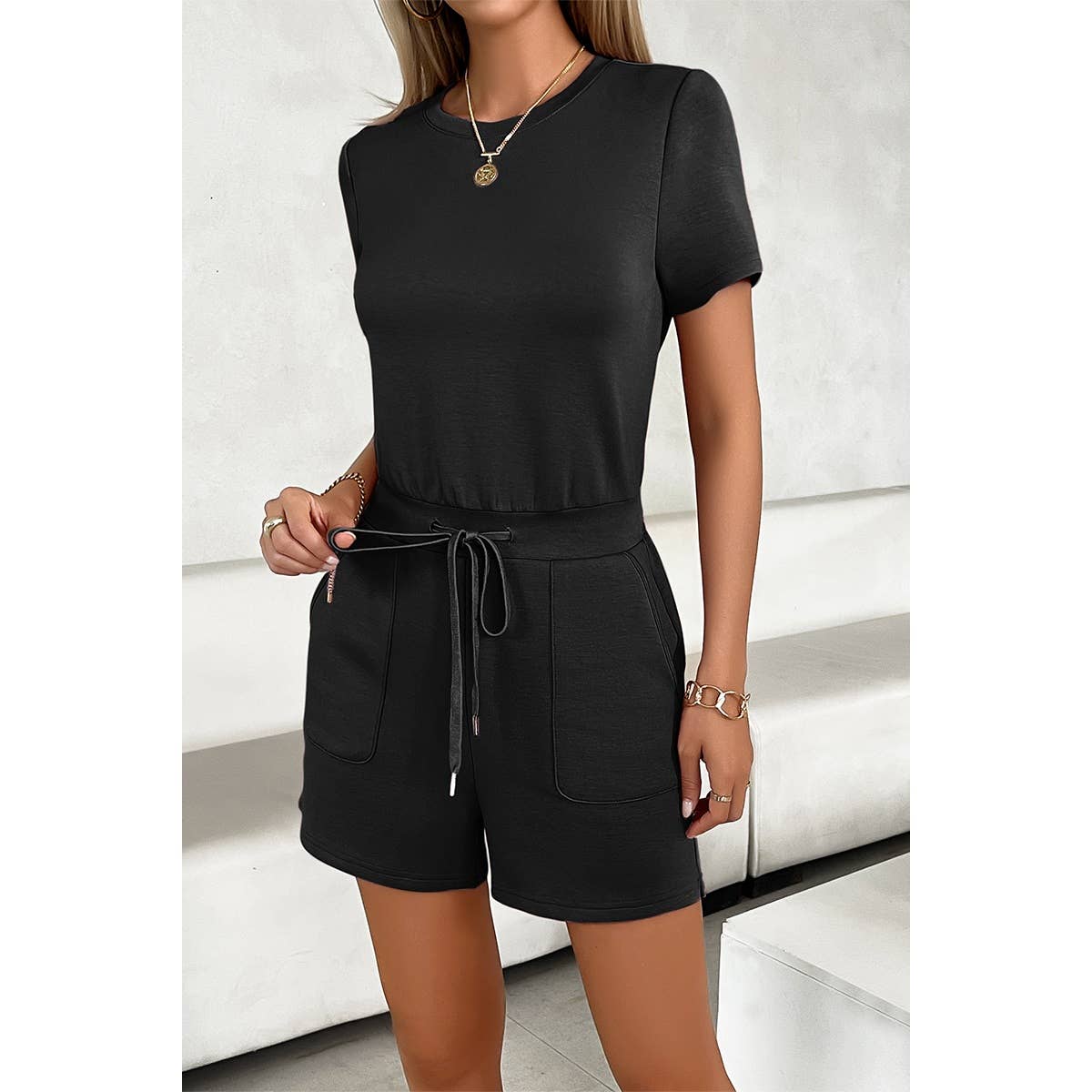 Round Neck Solid Drawstring Pockets Romper - MVTFASHION.COM