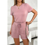 Round Neck Solid Drawstring Pockets Romper - MVTFASHION.COM