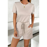 Round Neck Solid Drawstring Pockets Romper - MVTFASHION.COM