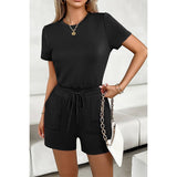 Round Neck Solid Drawstring Pockets Romper - MVTFASHION.COM