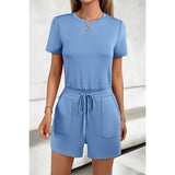 Round Neck Solid Drawstring Pockets Romper - MVTFASHION.COM