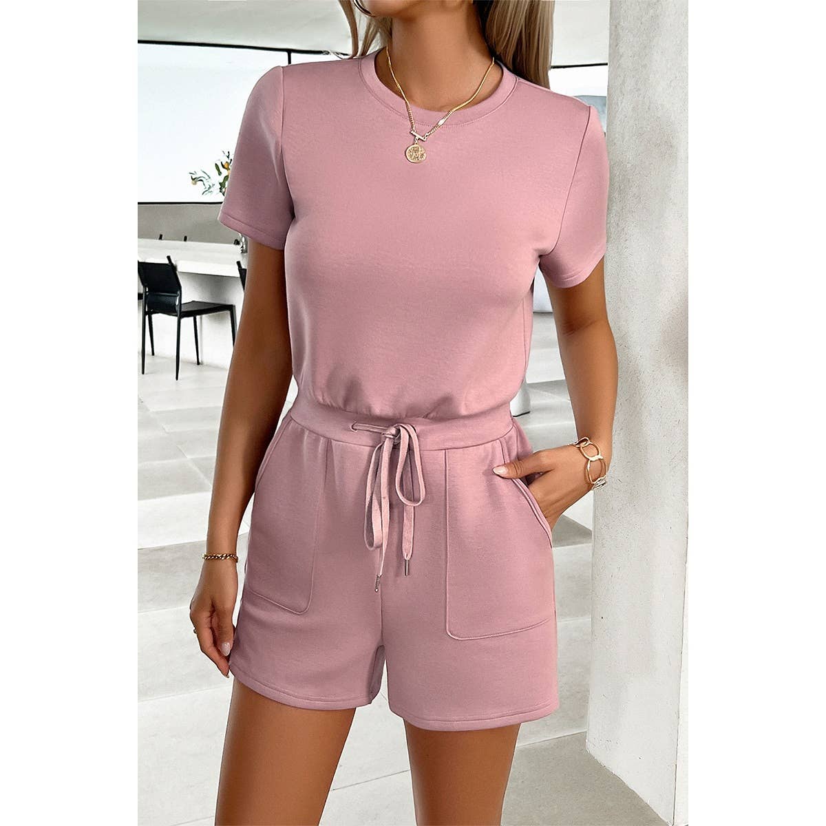 Round Neck Solid Drawstring Pockets Romper - MVTFASHION.COM