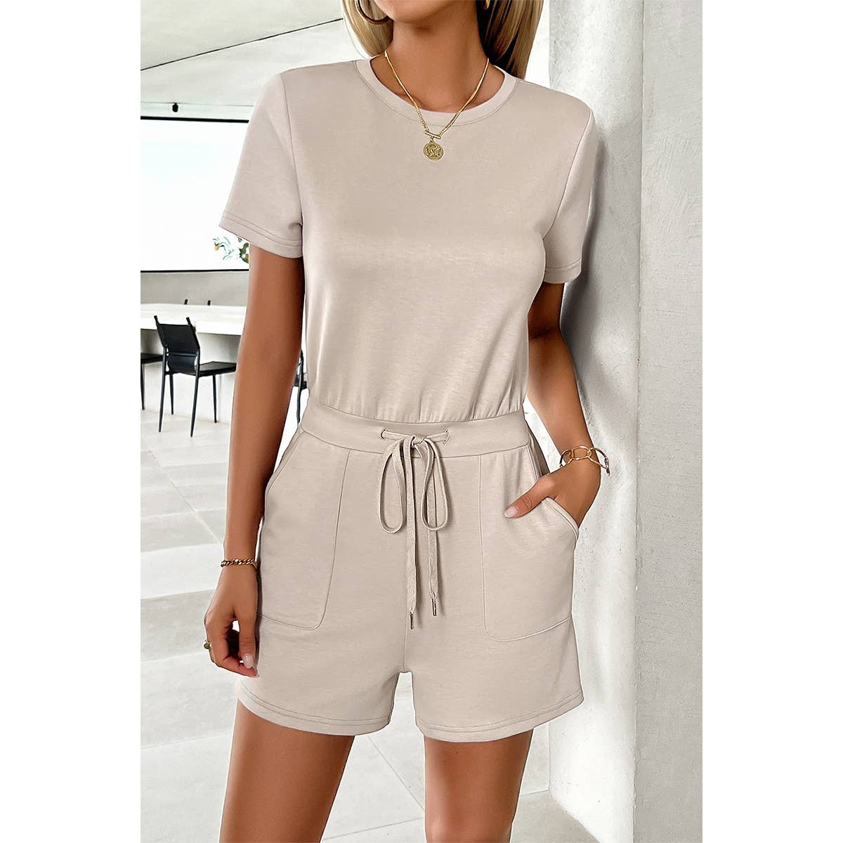 Round Neck Solid Drawstring Pockets Romper - MVTFASHION.COM