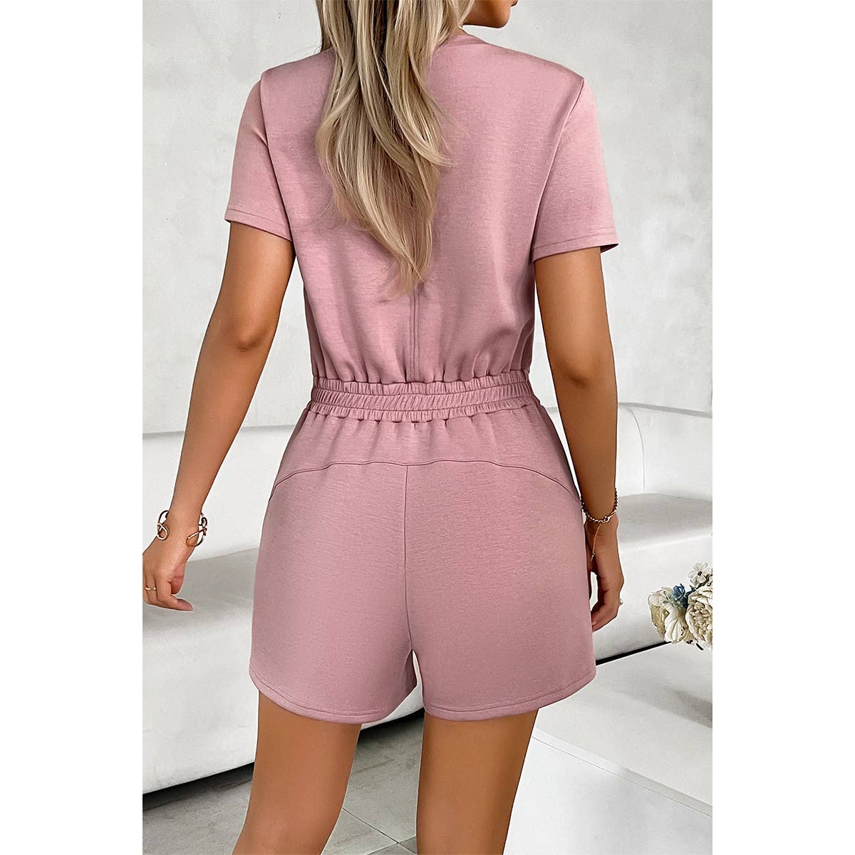 Round Neck Solid Drawstring Pockets Romper - MVTFASHION.COM