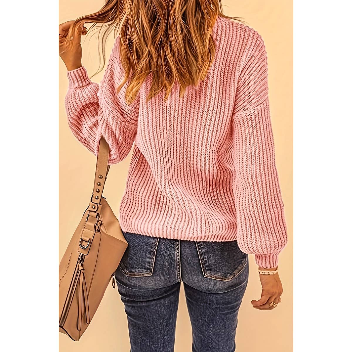 Round Neck Solid Drop Shoulder Loose Fit Sweater - MVTFASHION.COM