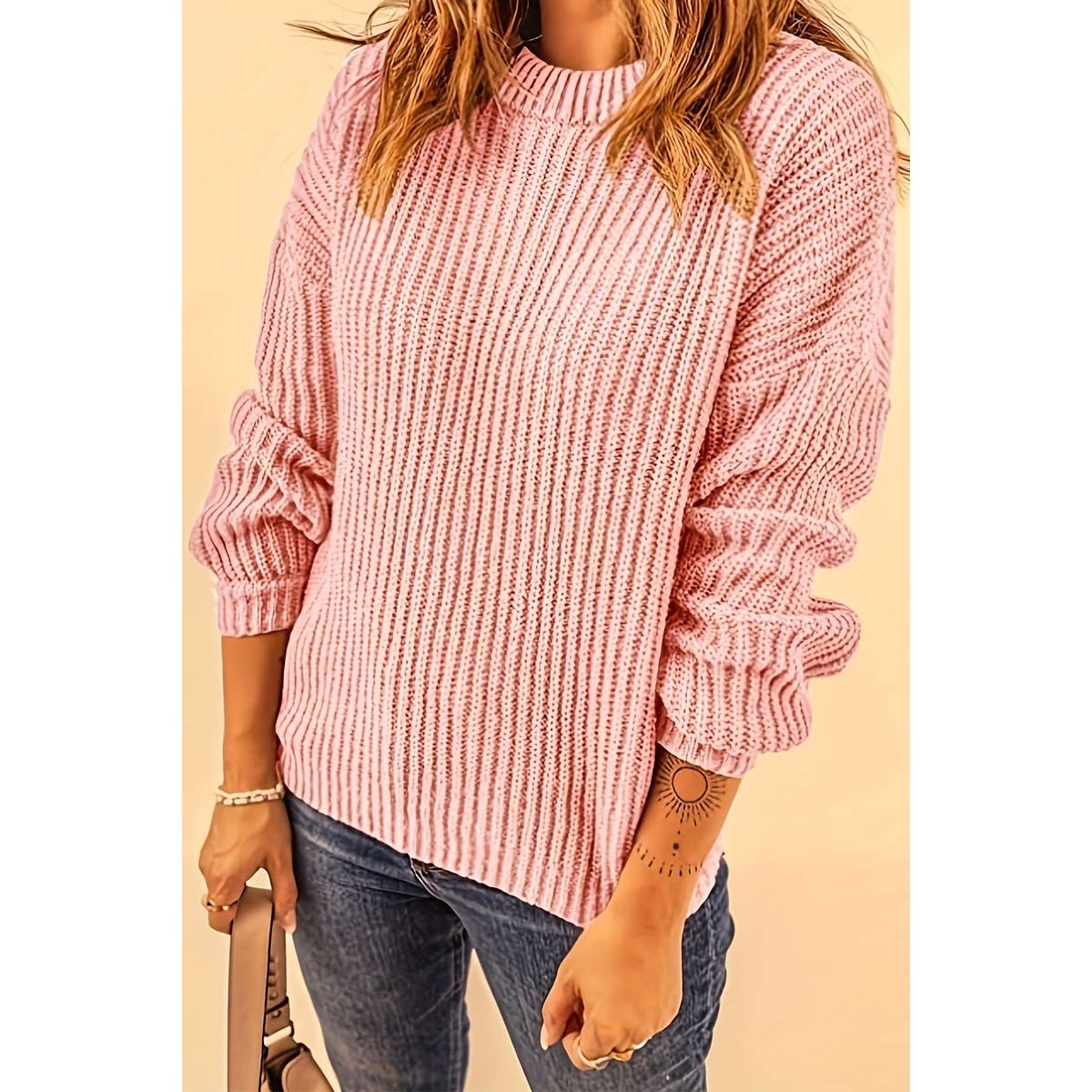 Round Neck Solid Drop Shoulder Loose Fit Sweater - MVTFASHION.COM