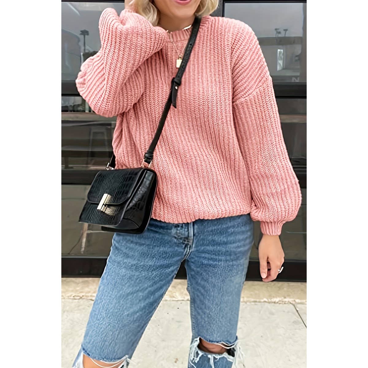 Round Neck Solid Drop Shoulder Loose Fit Sweater - MVTFASHION.COM