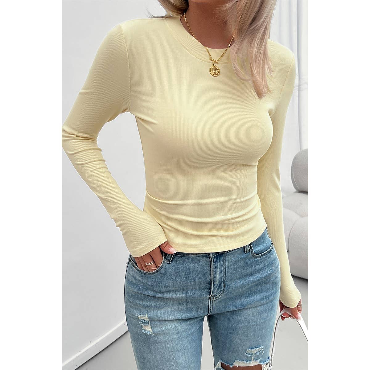 Round Neck Solid Knit Elastic Long Sleeves Top - MVTFASHION.COM