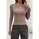 Round Neck Solid Knit Elastic Long Sleeves Top - MVTFASHION.COM