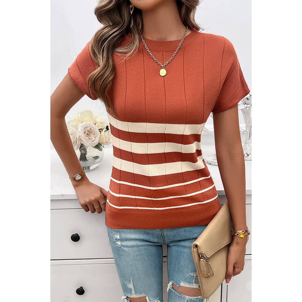 Round Neck Strip Knit Fit Short Sleeve Top - MVTFASHION.COM