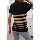 Round Neck Strip Knit Fit Short Sleeve Top - MVTFASHION.COM