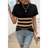 Round Neck Strip Knit Fit Short Sleeve Top - MVTFASHION.COM