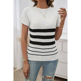 Round Neck Strip Knit Fit Short Sleeve Top - MVTFASHION.COM