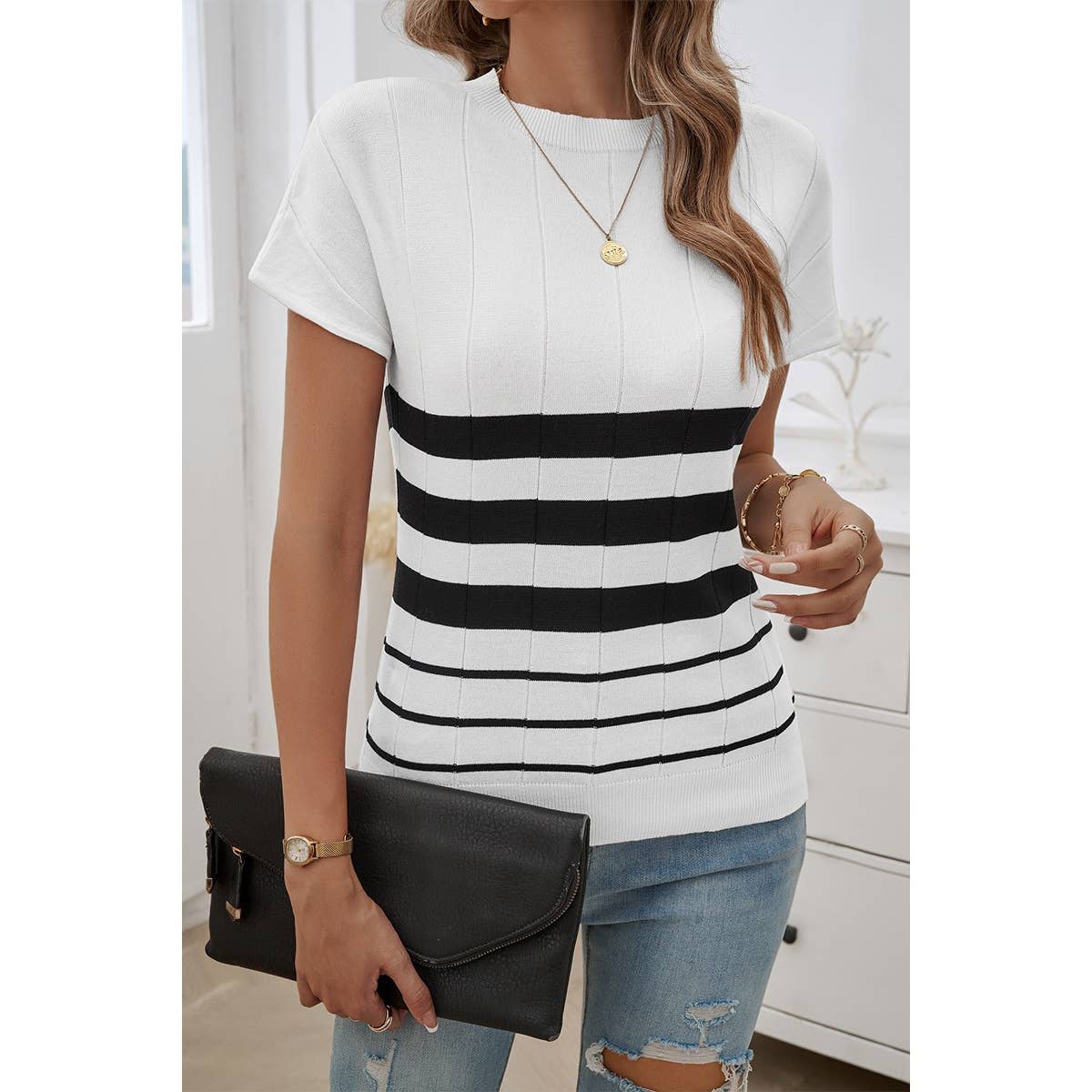 Round Neck Strip Knit Fit Short Sleeve Top - MVTFASHION.COM