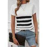 Round Neck Strip Knit Fit Short Sleeve Top - MVTFASHION.COM