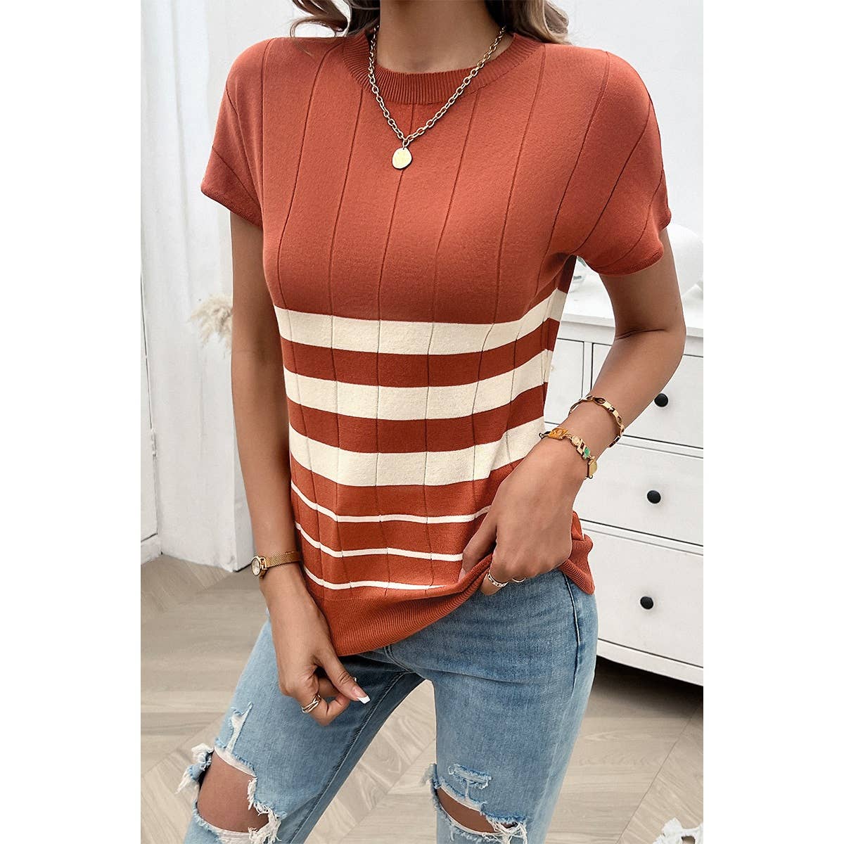 Round Neck Strip Knit Fit Short Sleeve Top - MVTFASHION.COM