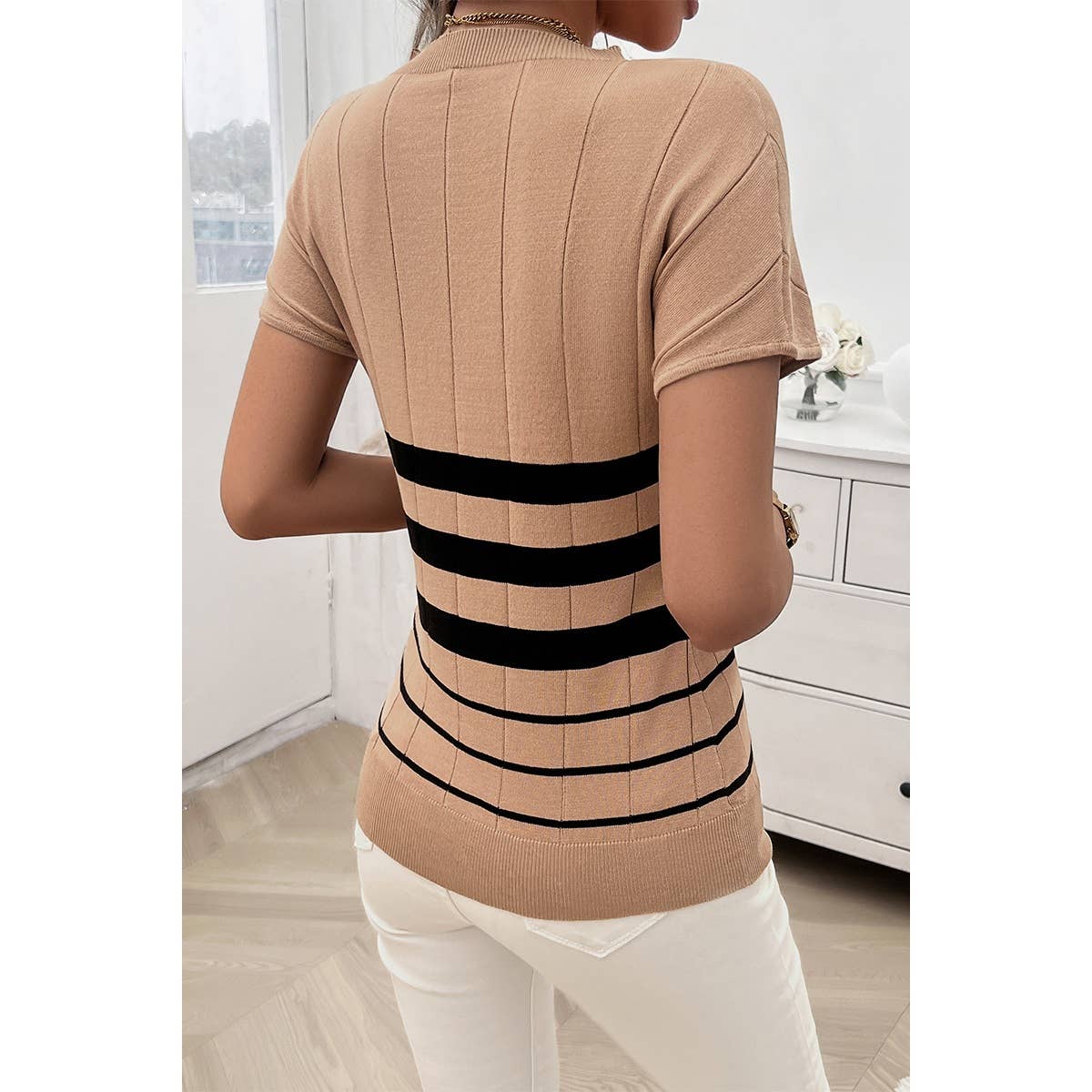 Round Neck Strip Knit Fit Short Sleeve Top - MVTFASHION.COM