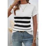 Round Neck Strip Knit Fit Short Sleeve Top - MVTFASHION.COM