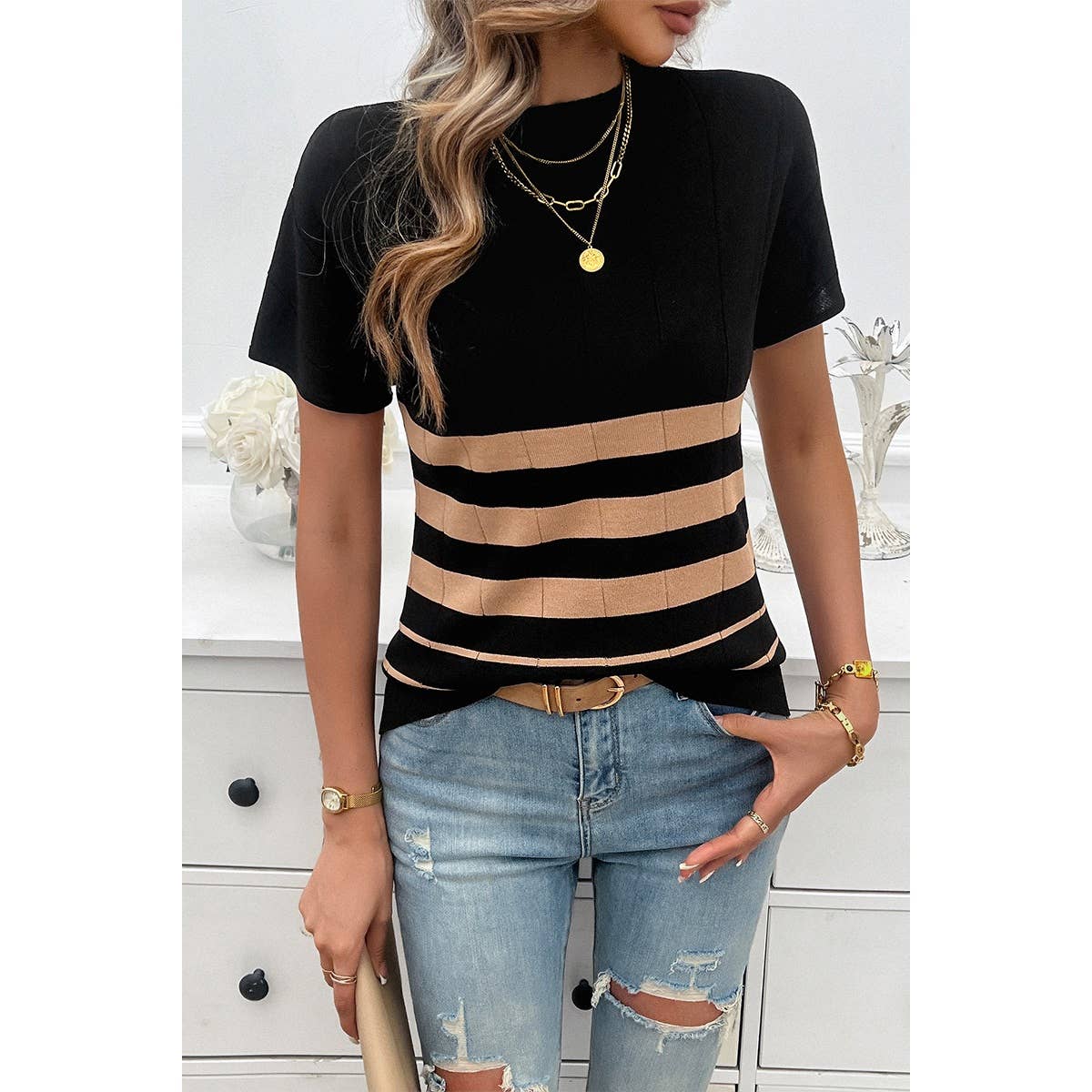 Round Neck Strip Knit Fit Short Sleeve Top - MVTFASHION.COM