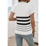 Round Neck Strip Knit Fit Short Sleeve Top - MVTFASHION.COM