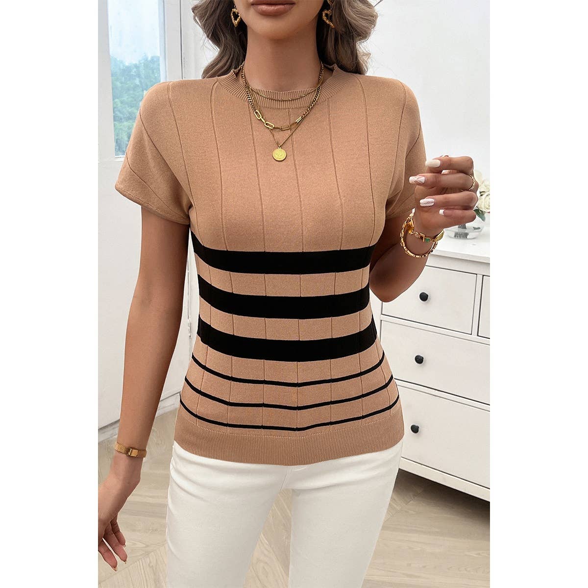 Round Neck Strip Knit Fit Short Sleeve Top - MVTFASHION.COM