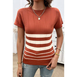 Round Neck Strip Knit Fit Short Sleeve Top - MVTFASHION.COM