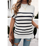 Round Neck Strip Knit Loose Fit Short Sleeve Top - MVTFASHION.COM