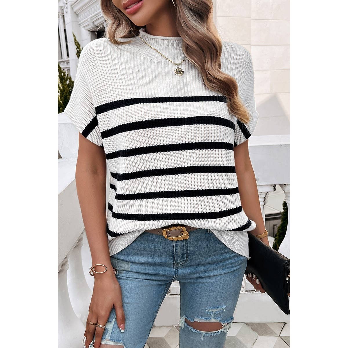 Round Neck Strip Knit Loose Fit Short Sleeve Top - MVTFASHION.COM