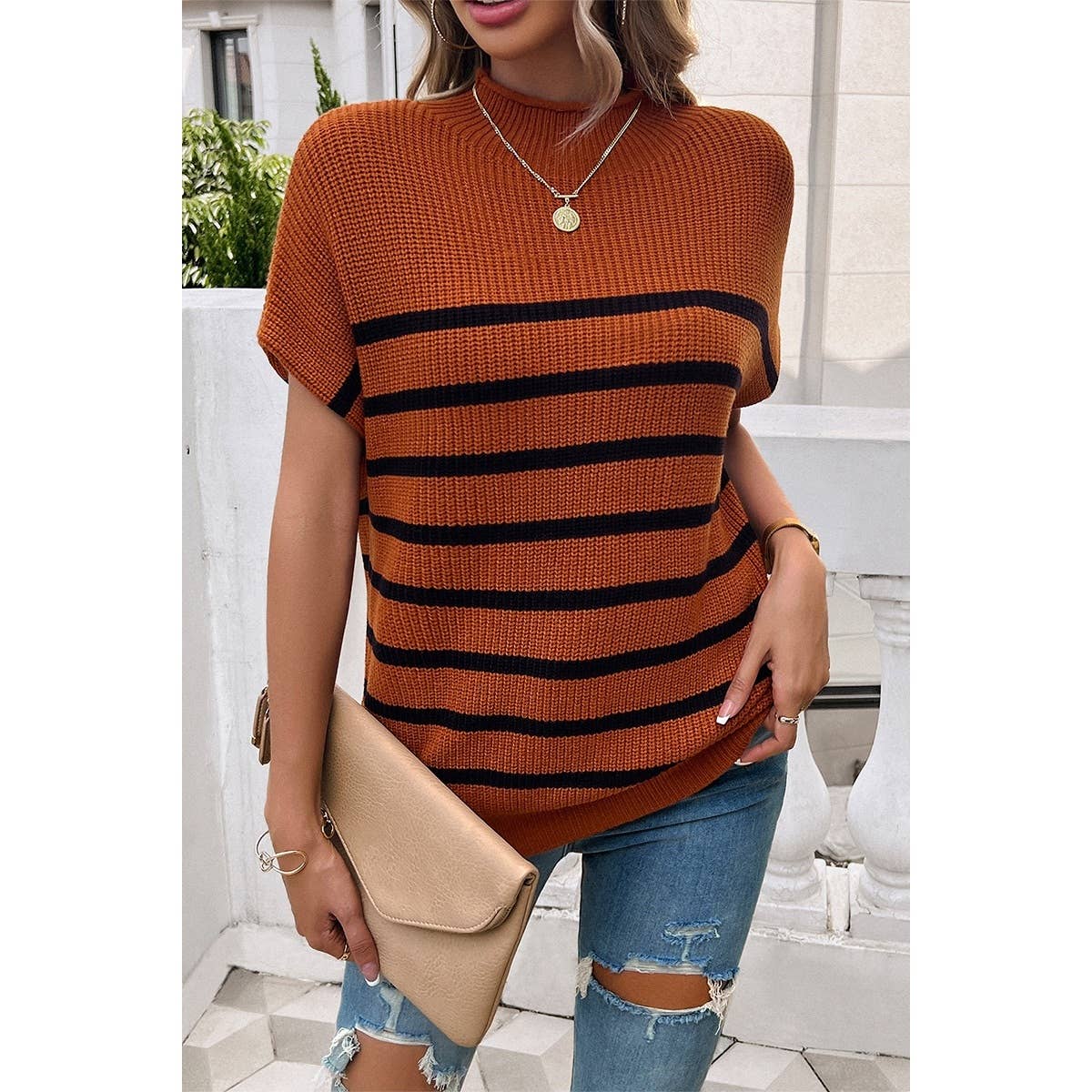 Round Neck Strip Knit Loose Fit Short Sleeve Top - MVTFASHION.COM