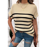 Round Neck Strip Knit Loose Fit Short Sleeve Top - MVTFASHION.COM