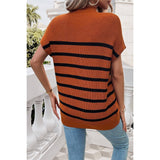 Round Neck Strip Knit Loose Fit Short Sleeve Top - MVTFASHION.COM