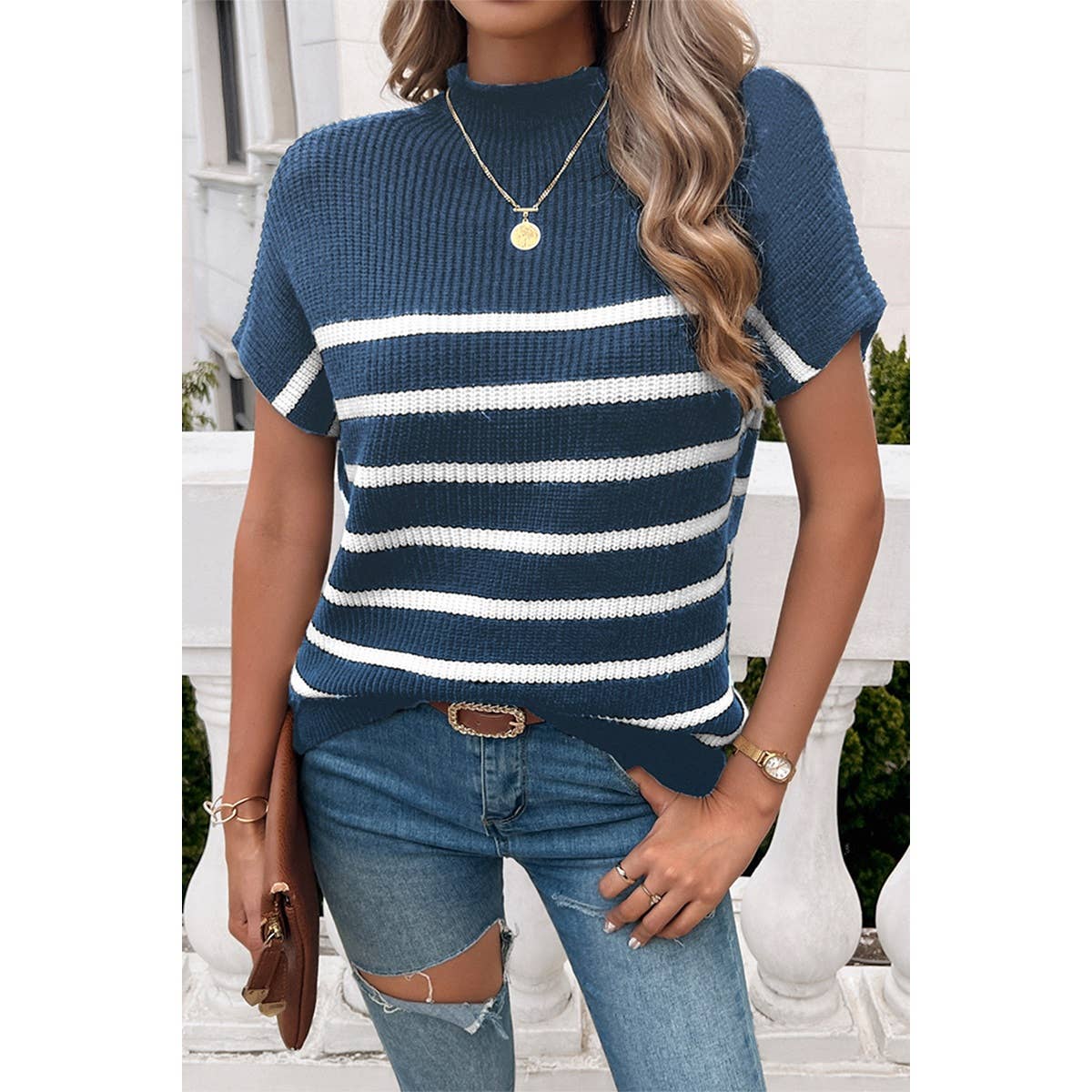 Round Neck Strip Knit Loose Fit Short Sleeve Top - MVTFASHION.COM