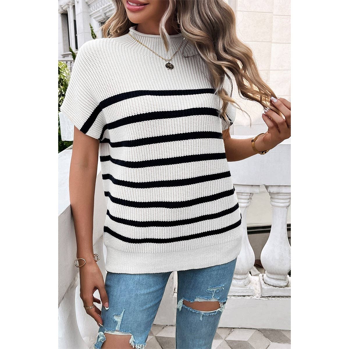 Round Neck Strip Knit Loose Fit Short Sleeve Top - MVTFASHION.COM