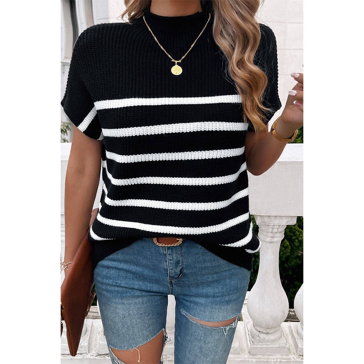 Round Neck Strip Knit Loose Fit Short Sleeve Top - MVTFASHION.COM