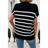 Round Neck Strip Knit Loose Fit Short Sleeve Top - MVTFASHION.COM