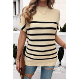 Round Neck Strip Knit Loose Fit Short Sleeve Top - MVTFASHION.COM