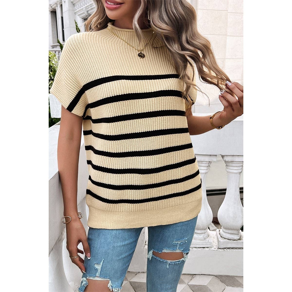 Round Neck Strip Knit Loose Fit Short Sleeve Top - MVTFASHION.COM