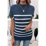 Round Neck Strip Knit Loose Fit Short Sleeve Top - MVTFASHION.COM